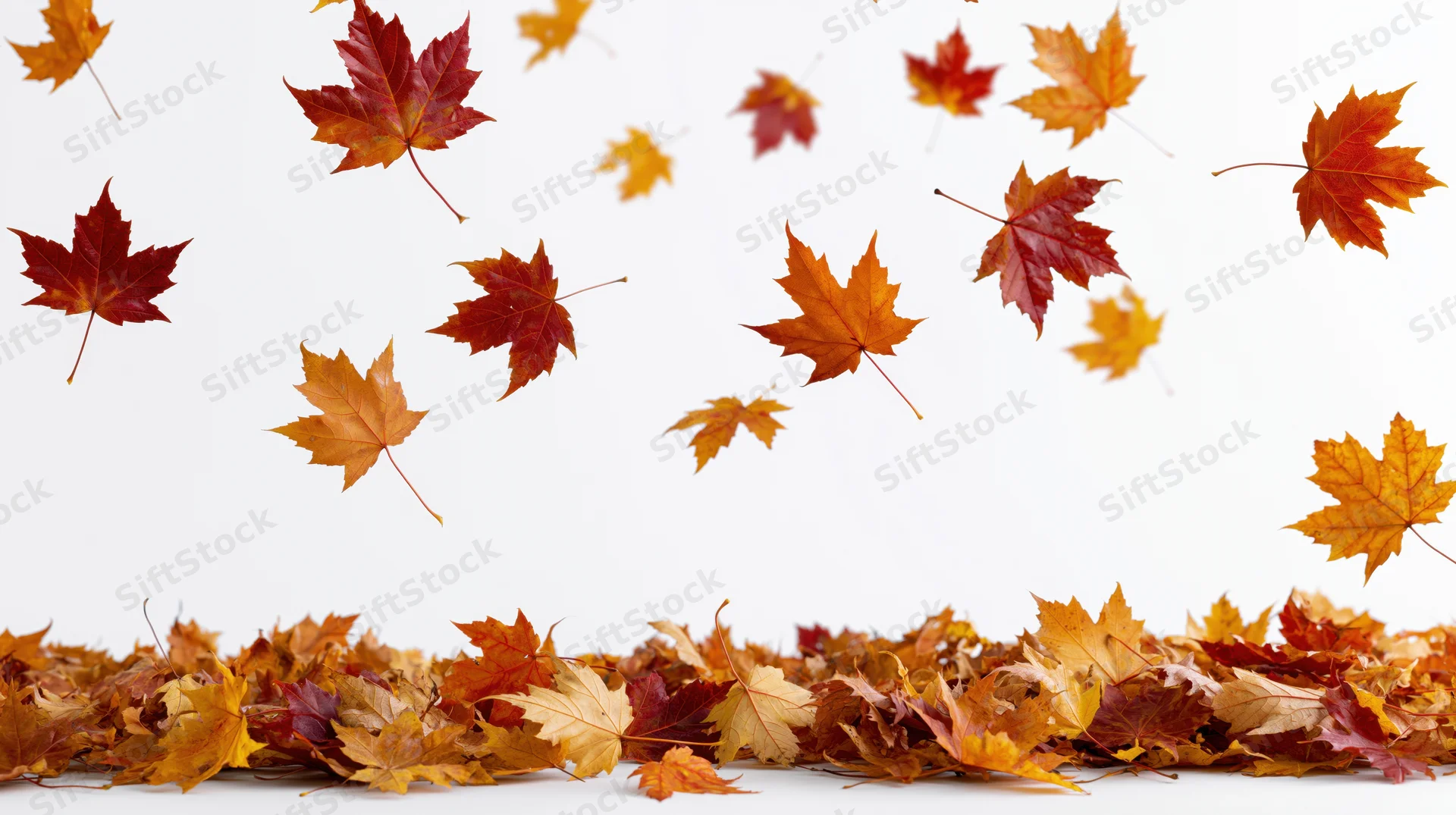 Maple leaves floating in mid-air above a pile on white background
