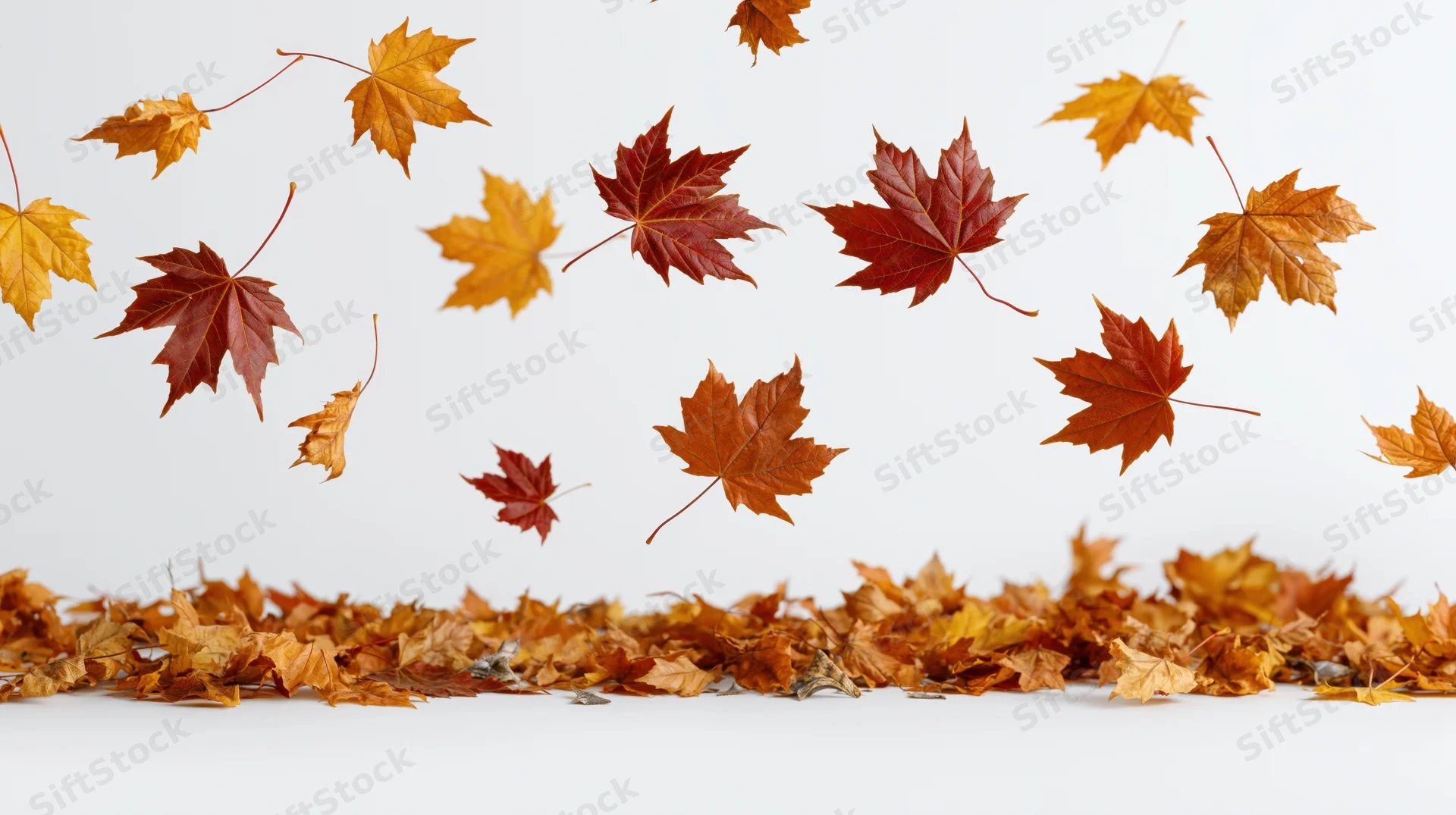 Maple leaves floating in mid-air above a pile on a white surface