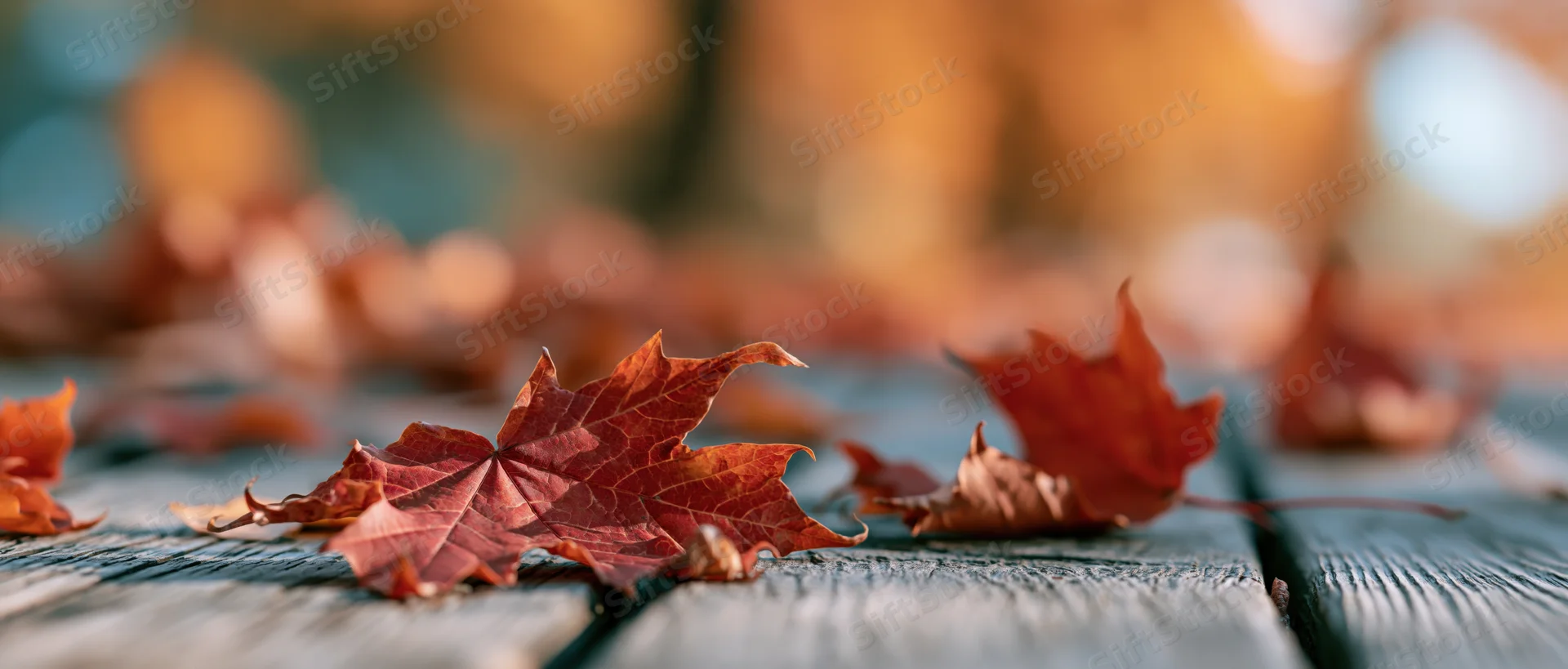 Red and orange maple leaves scattered on a weathered wooden deck outdoors in autumn