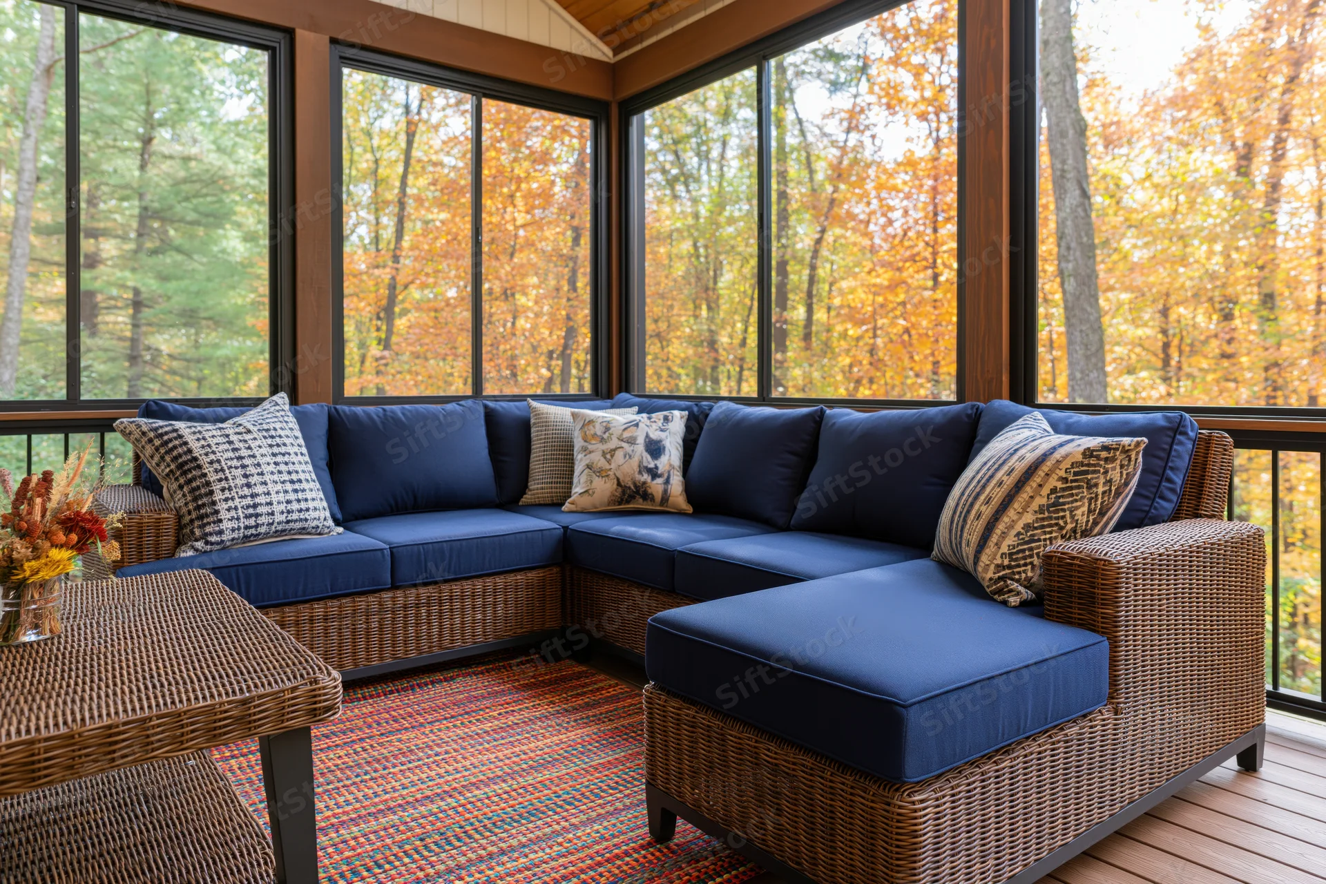 Wicker sectional sofa with navy cushions on a screened porch overlooking autumn trees