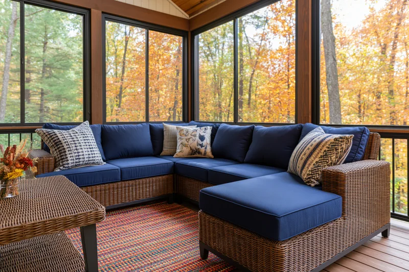 Wicker sectional sofa with navy cushions on a screened porch overlooking autumn trees