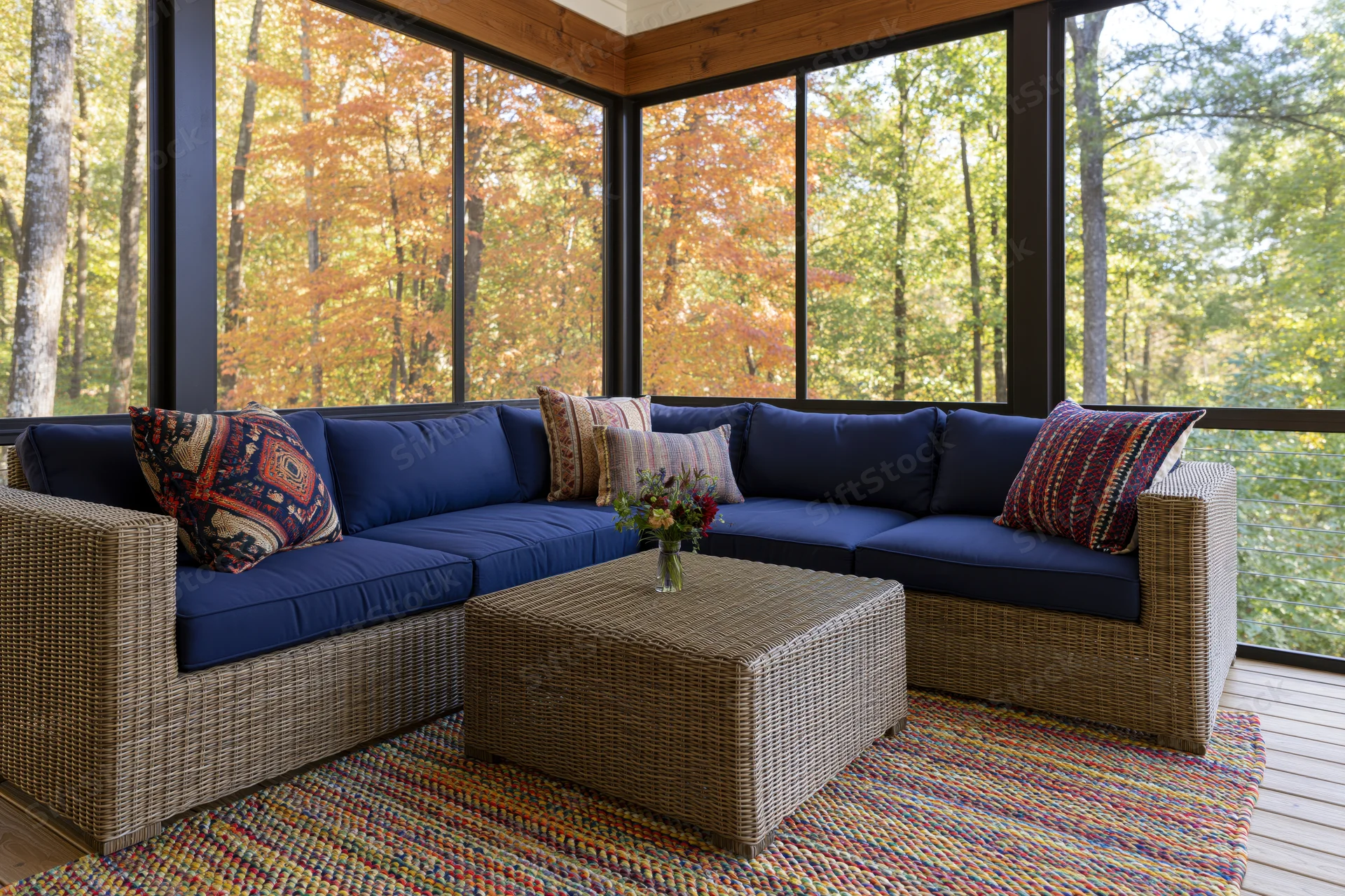 Wicker sectional sofa with blue cushions and coffee table on a screened porch overlooking autumn trees