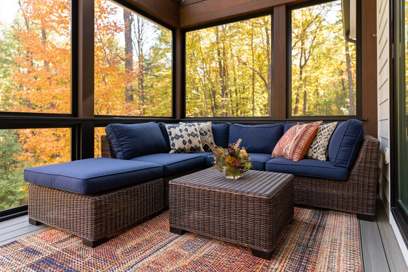Wicker sectional sofa with navy cushions and coffee table on a screened porch overlooking autumn trees