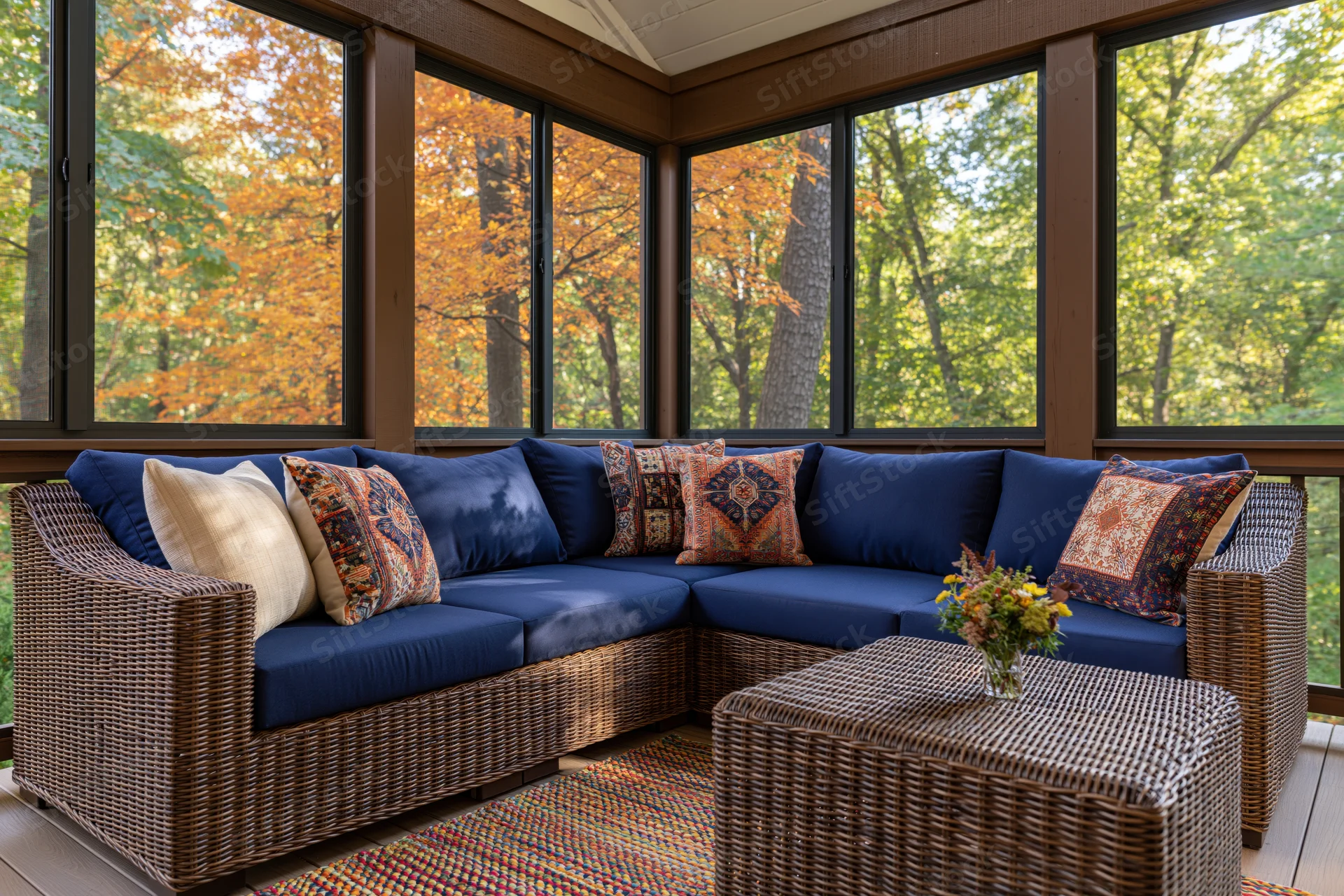 Wicker sectional sofa with blue cushions and patterned pillows on a screened porch overlooking autumn trees