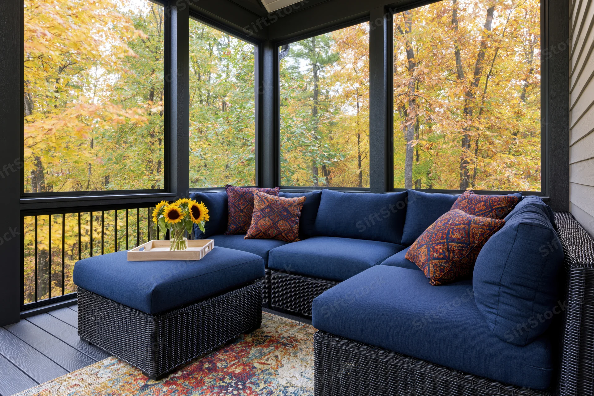 Navy blue sectional sofa with patterned pillows on a screened porch overlooking autumn trees