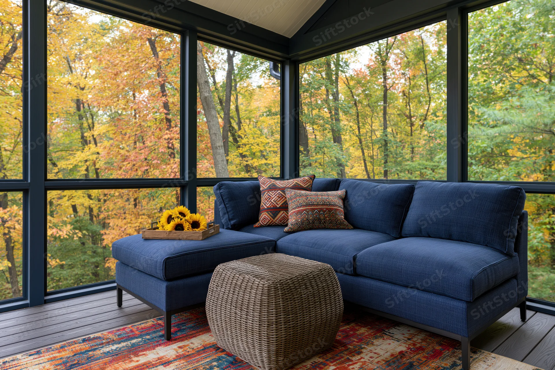 Blue sofa with cushions and wicker ottoman on patterned rug inside screened porch overlooking autumn trees
