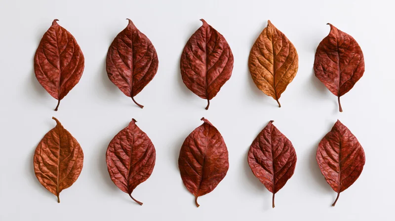 Dried autumn leaves arranged in two rows on white background