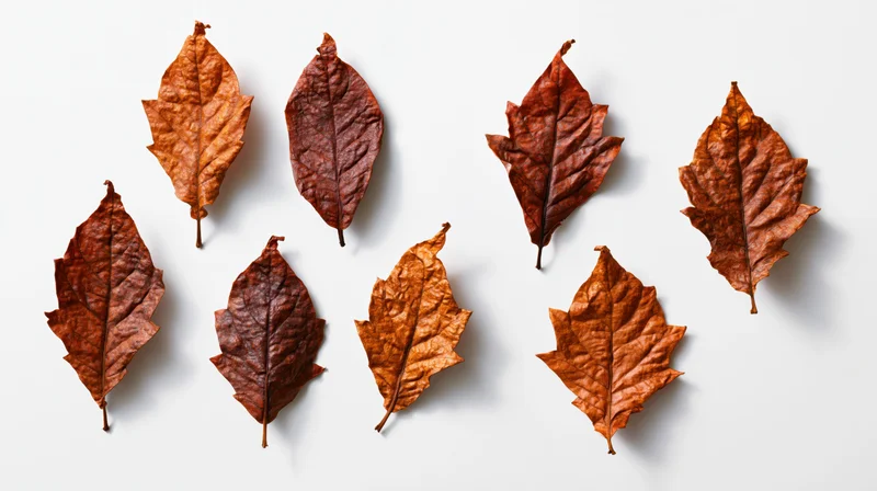 Dried autumn leaves arranged in two loose rows on white background