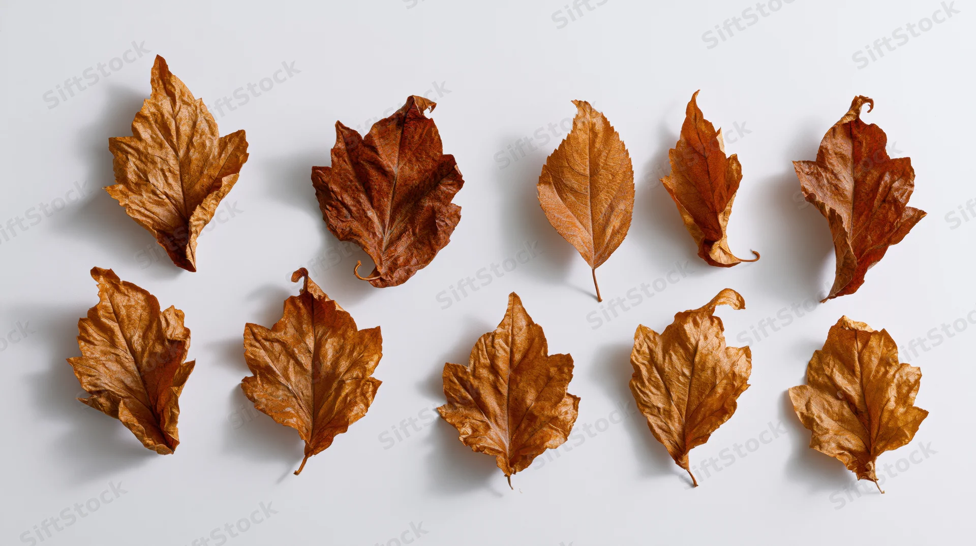 Dried autumn leaves arranged in two rows on a white surface