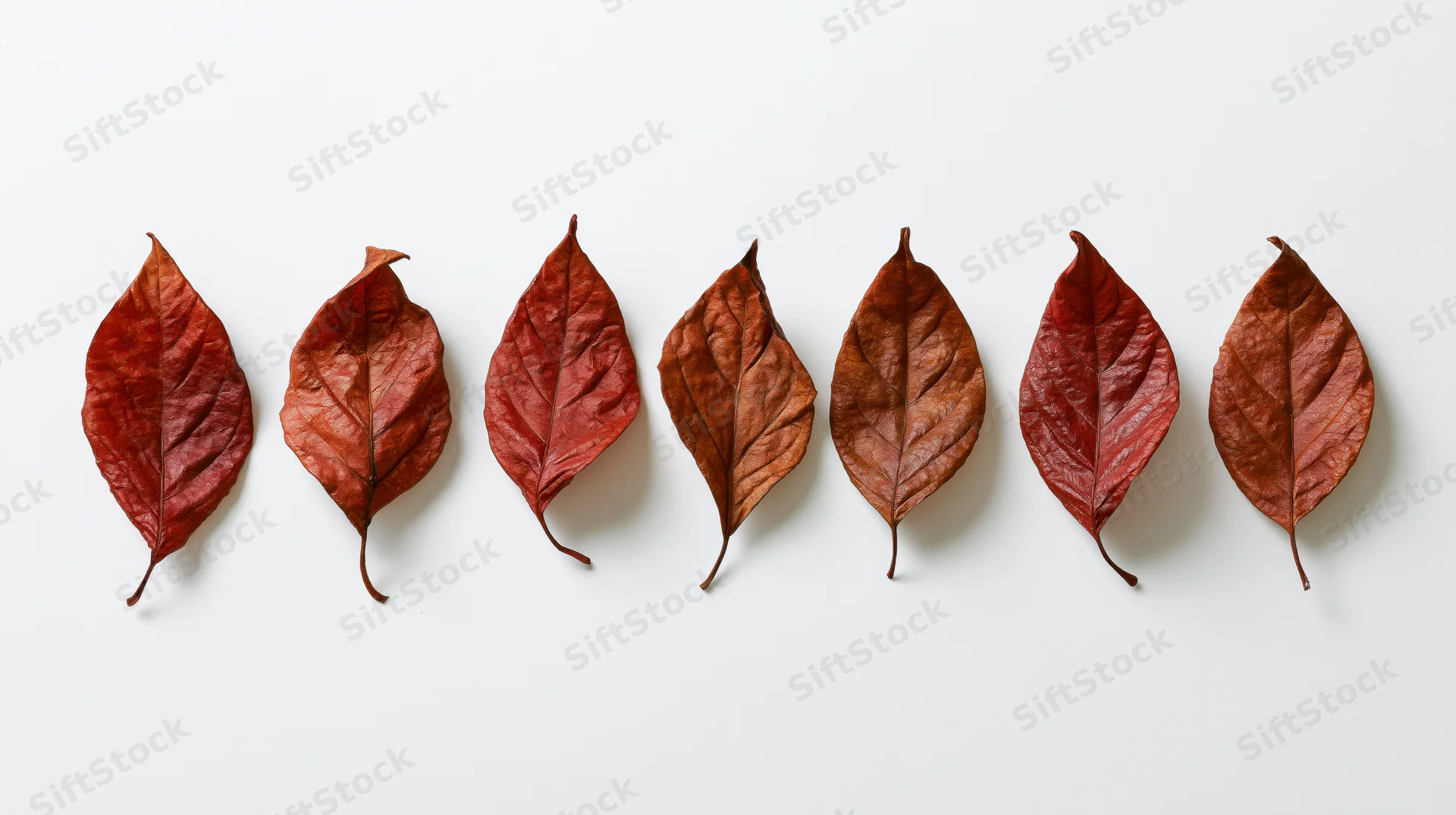 Seven dried autumn leaves arranged in a row on a white background