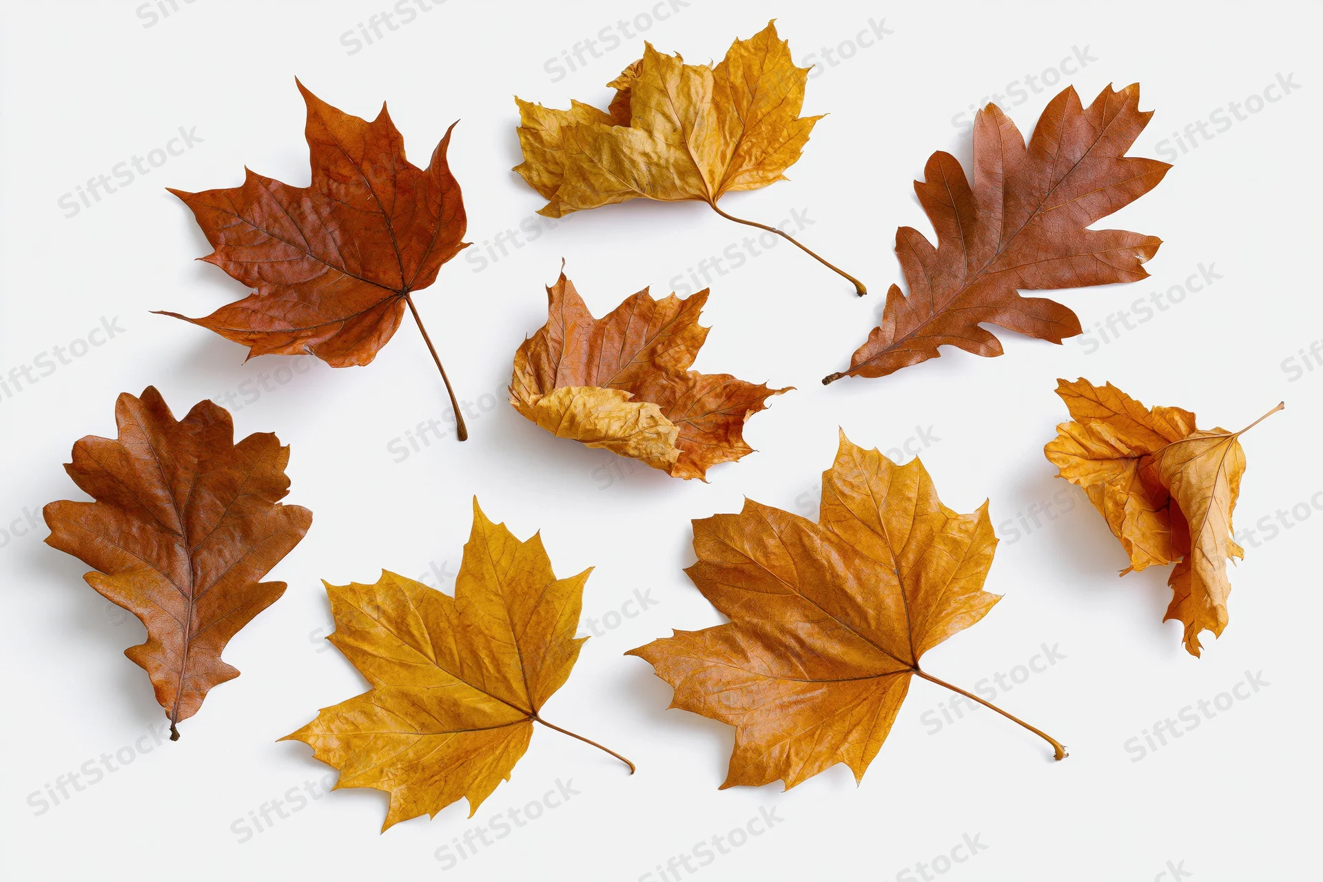 Dry autumn maple and oak leaves scattered on white background