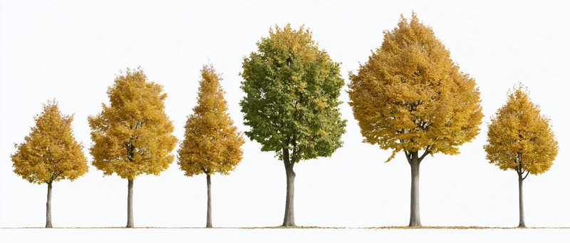 Seven deciduous trees in a row showing autumn foliage variation on white background
