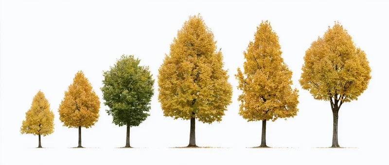 Row of deciduous trees in autumn foliage stages from sapling to mature, isolated on white