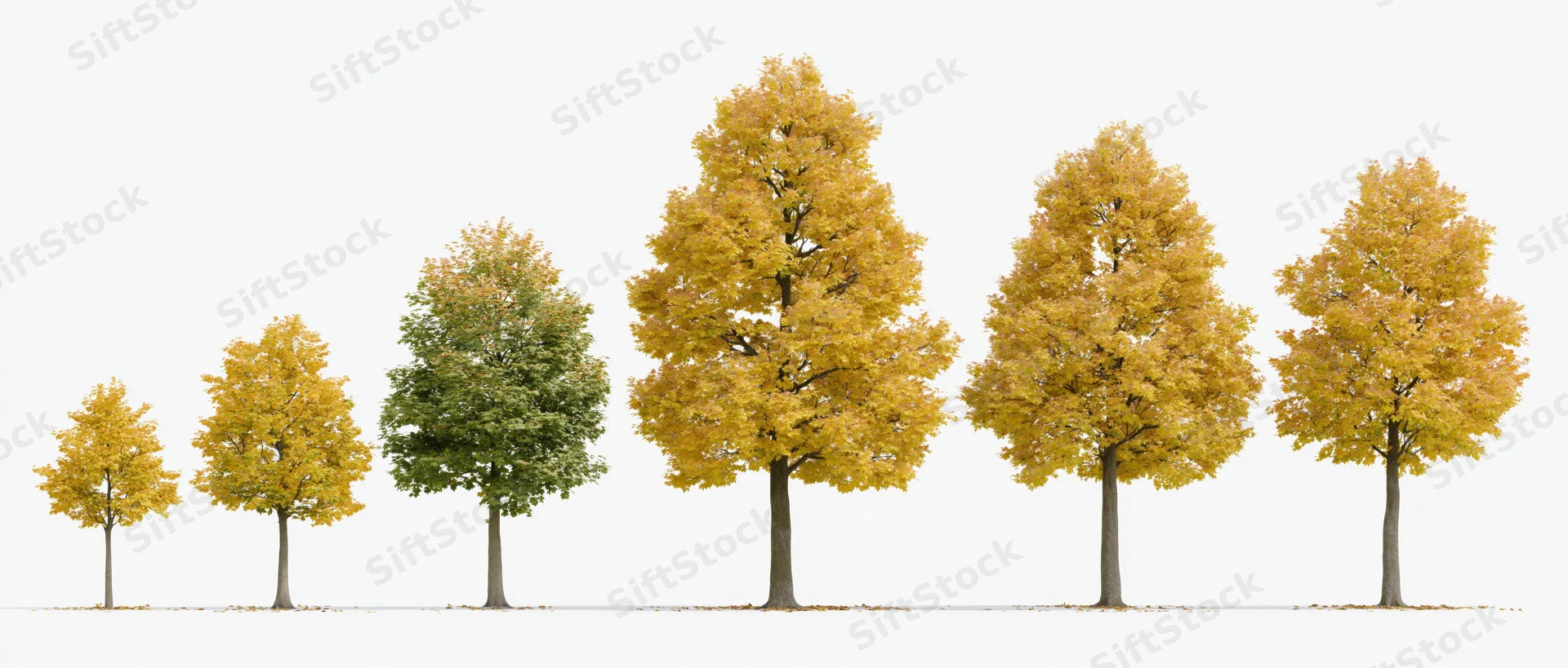 Row of seven deciduous trees in autumn foliage stages from sapling to mature, isolated on white background