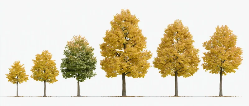 Row of seven deciduous trees in autumn foliage stages from sapling to mature, isolated on white background