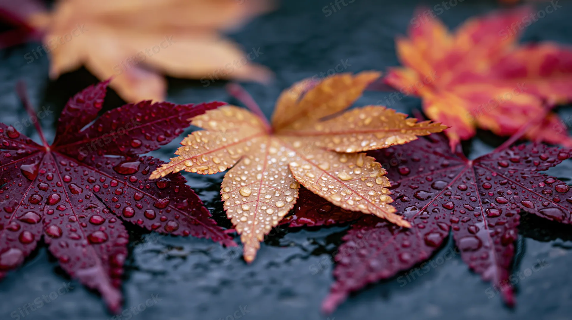 Fallen maple leaves with water droplets on dark surface