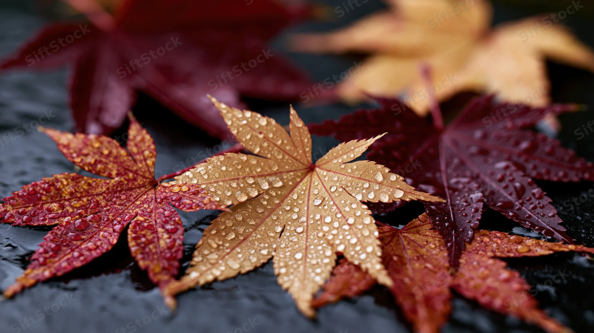 Wet Japanese maple leaves with water droplets resting on dark stone surface