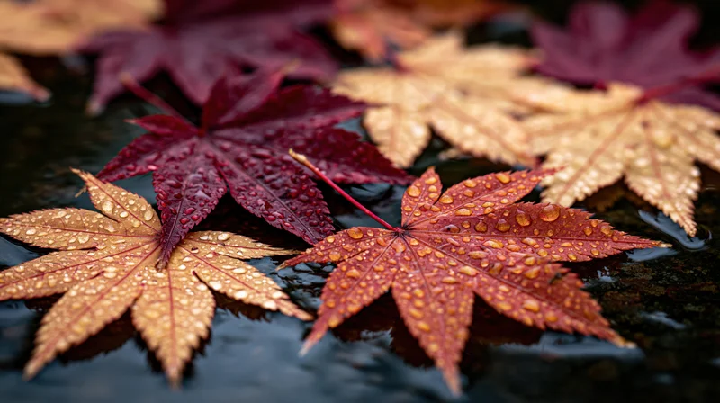 Japanese maple leaves with water droplets floating on dark water surface