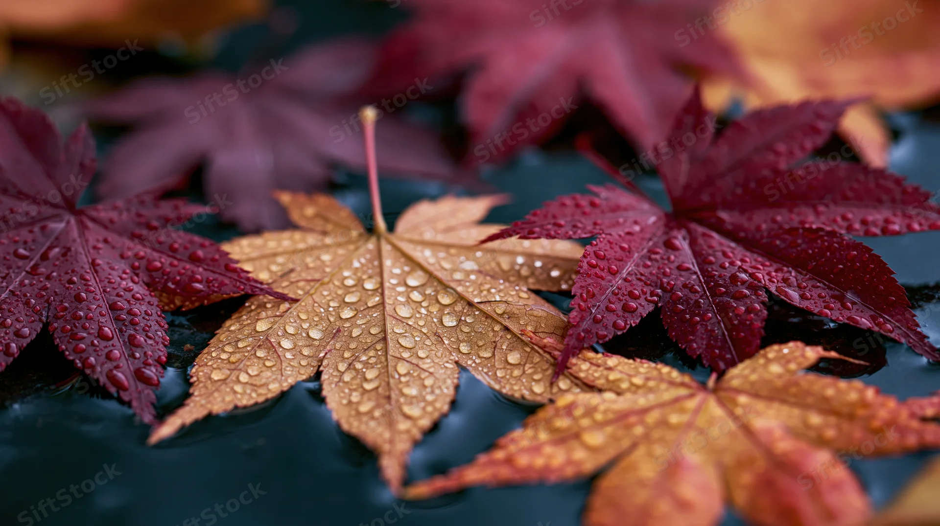 Japanese maple leaves with water droplets floating on dark surface in autumn