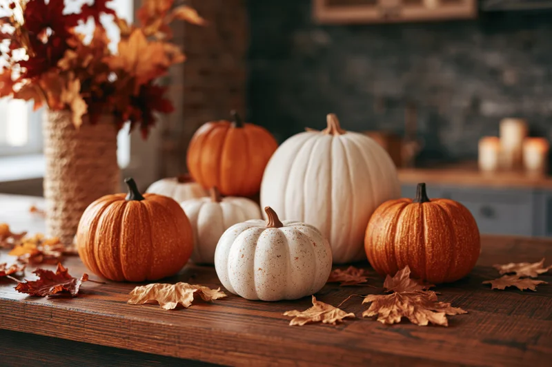 Decorative pumpkins and dried leaves arranged on a wooden table in a kitchen