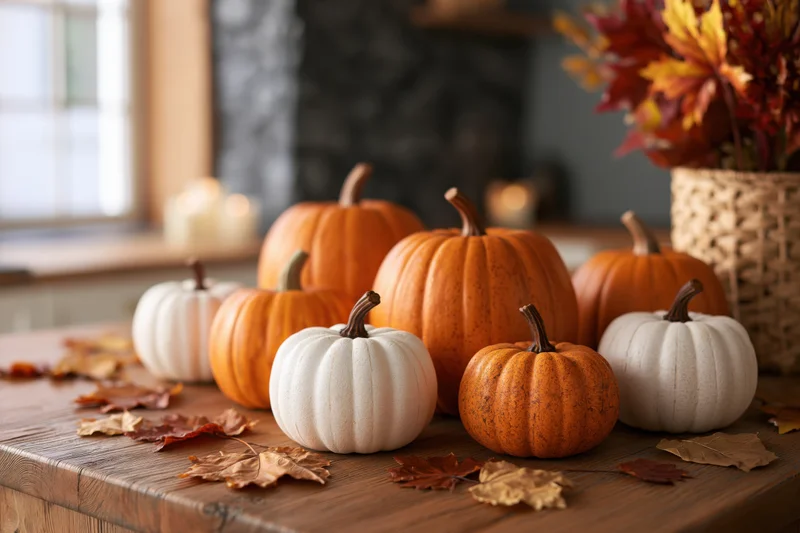 Decorative pumpkins and autumn leaves arranged on a wooden table