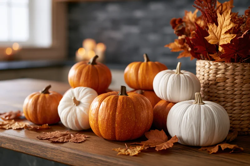 Decorative pumpkins and autumn leaves arranged on a wooden table with a wicker basket of foliage nearby