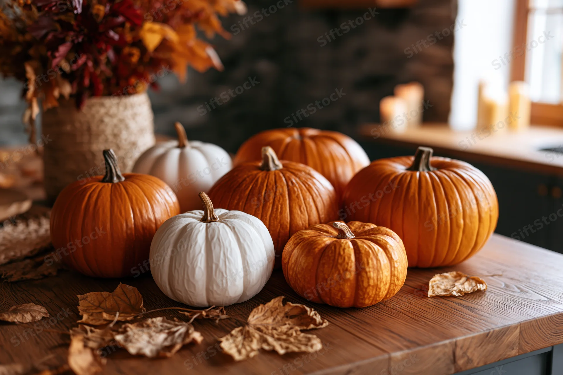 Decorative pumpkins and dried leaves arranged on a wooden table in a rustic kitchen setting