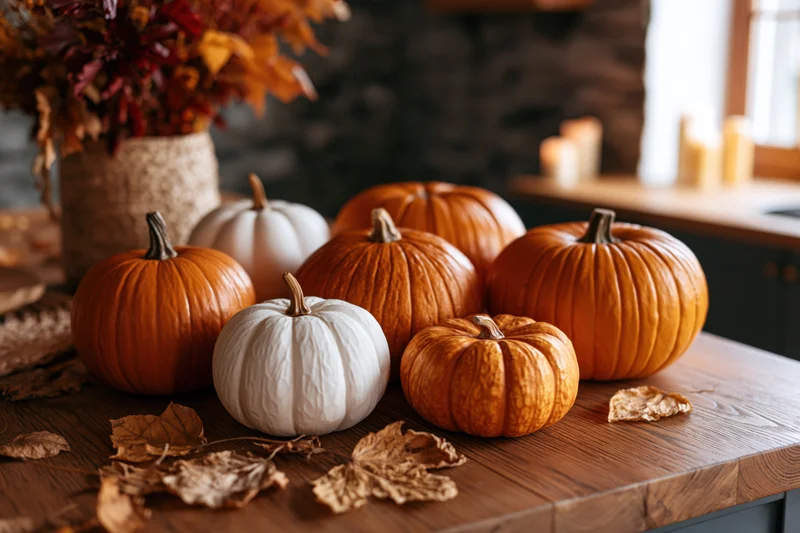 Decorative pumpkins and dried leaves arranged on a wooden table in a rustic kitchen setting