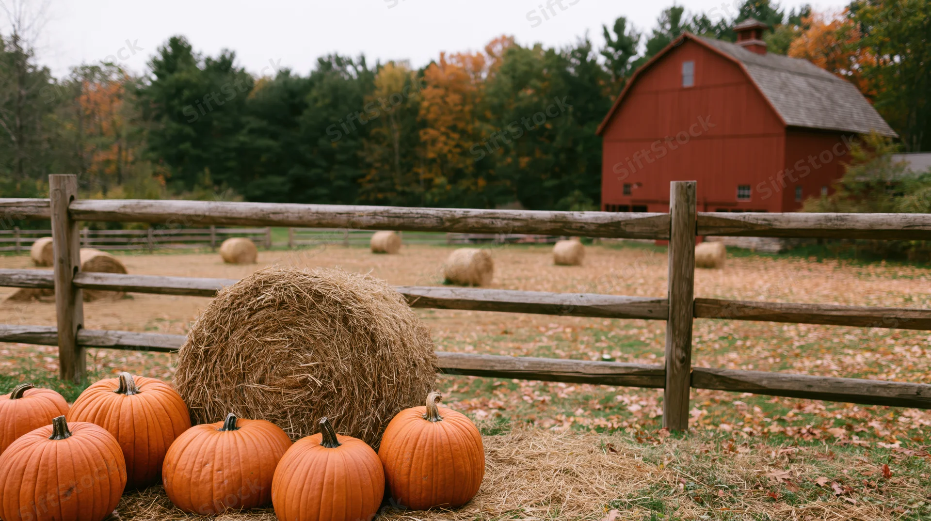 Pumpkins and a hay bale arranged in front of a red barn with a wooden fence in a rural field during autumn