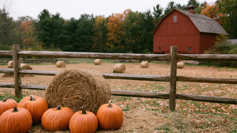 Pumpkins and a hay bale arranged in front of a red barn with a wooden fence in a rural field during autumn