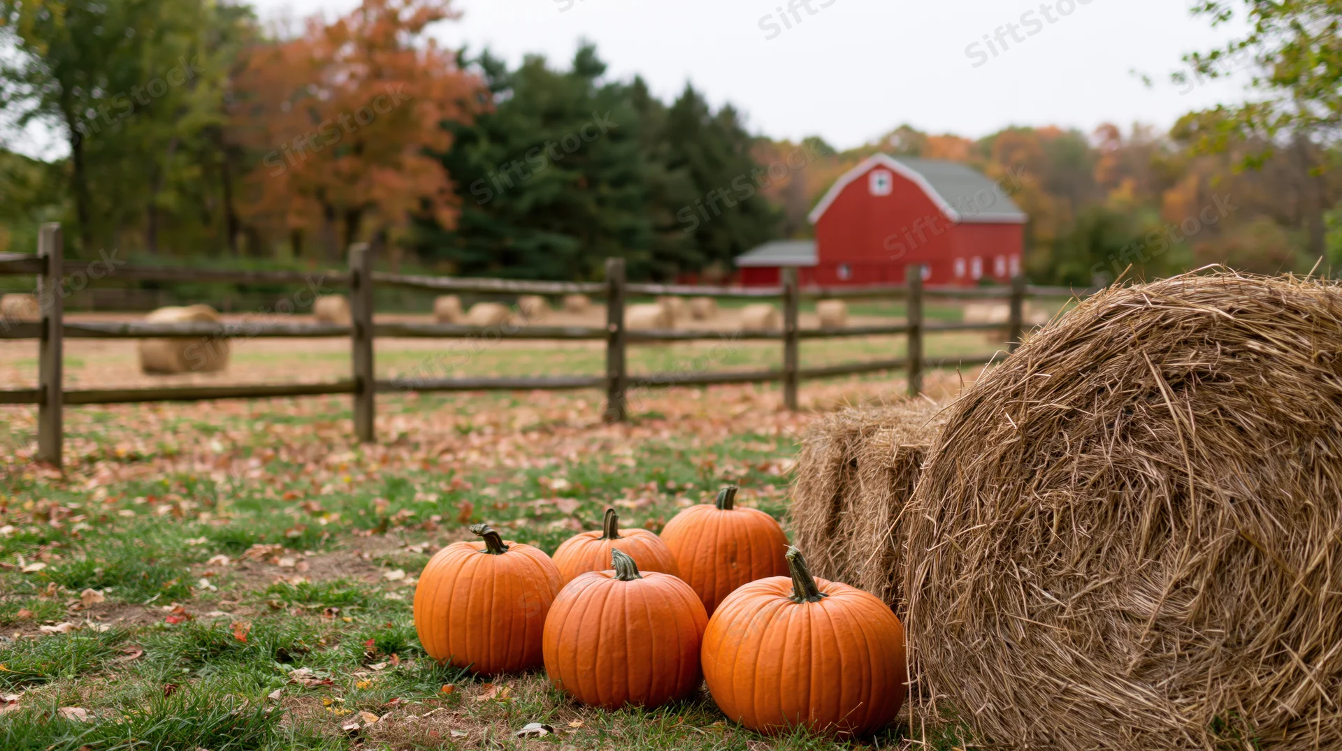 Several orange pumpkins and a round hay bale arranged in a grassy field near a red barn with autumn trees in the background