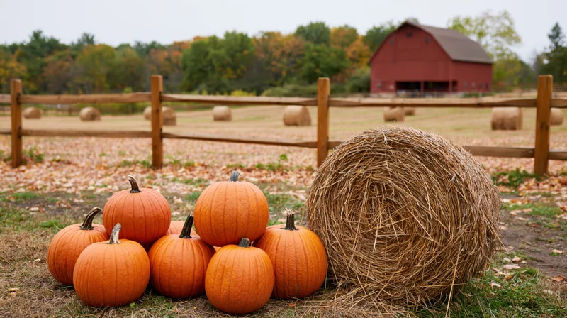 Pumpkins and a hay bale arranged in a field near a red barn