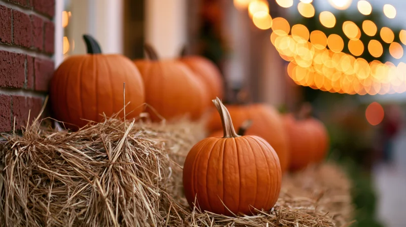 Pumpkins arranged on hay bales along a brick porch with warm bokeh lights in the background