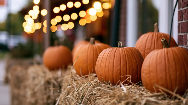 Pumpkins arranged on hay bales outdoors with string lights in background