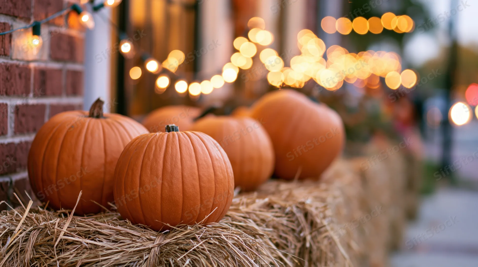 Pumpkins arranged on hay bales along a brick wall with string lights glowing in the evening