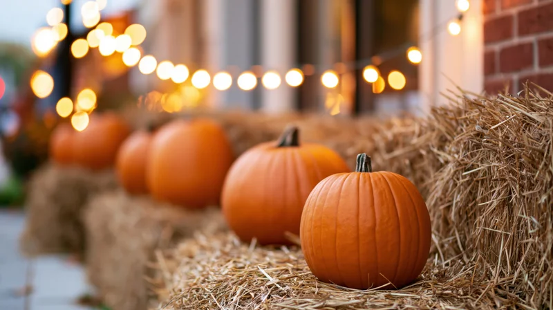 Pumpkins arranged on hay bales outdoors with string lights in the background