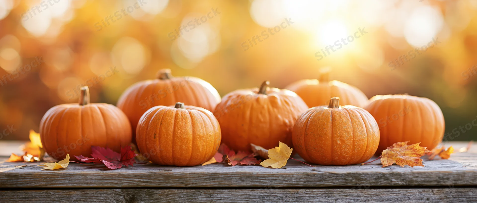 Several orange pumpkins of varying sizes arranged on a rustic wooden table with autumn leaves and warm sunlight in the background