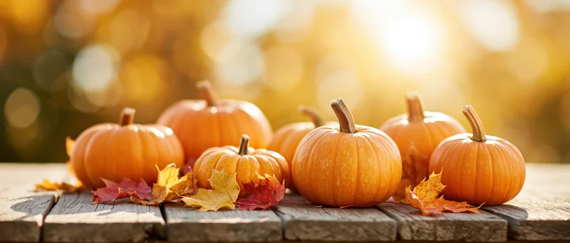 Several orange pumpkins of varying sizes arranged on a rustic wooden table with autumn leaves and warm sunlight in the background