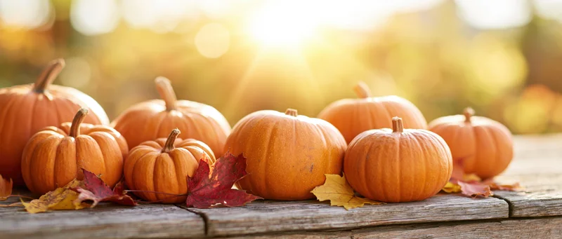 Several orange pumpkins of varying sizes arranged on a rustic wooden table with autumn leaves and warm sunlight in the background
