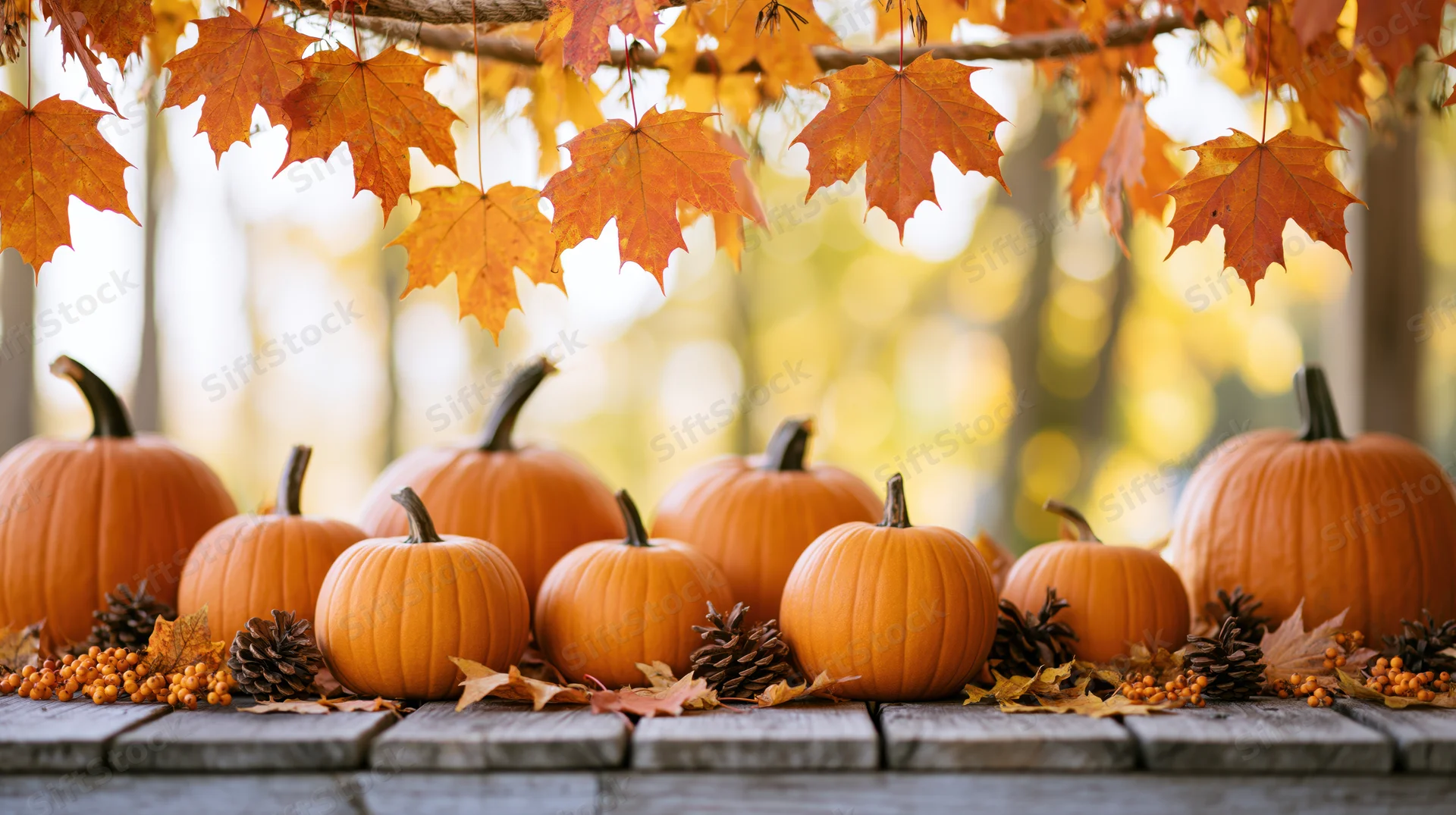 Pumpkins of various sizes arranged on a wooden table under hanging autumn maple leaves in a forest setting