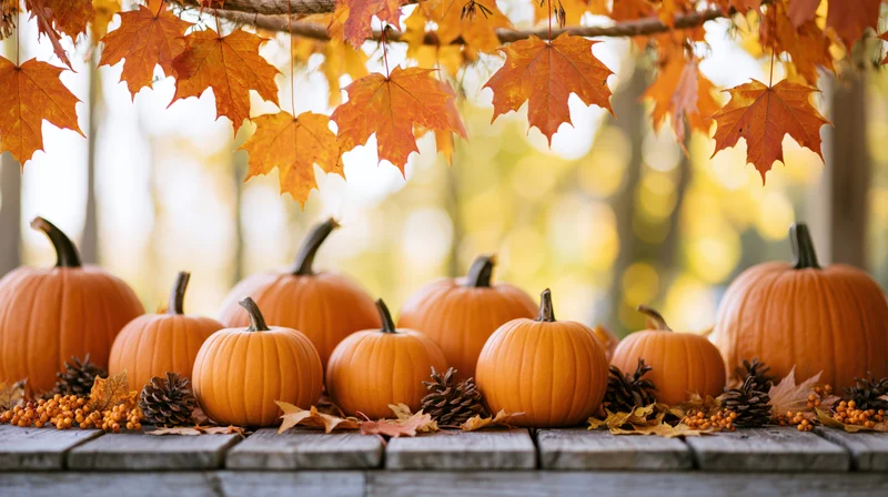 Pumpkins of various sizes arranged on a wooden table under hanging autumn maple leaves in a forest setting