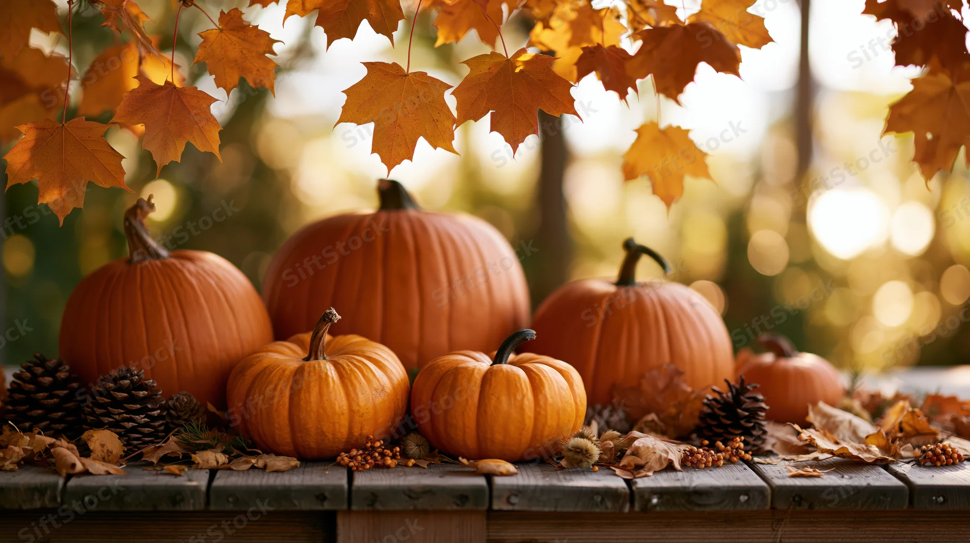 Pumpkins of various sizes arranged on a wooden table surrounded by autumn leaves and pinecones outdoors