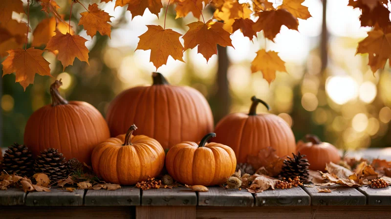 Pumpkins of various sizes arranged on a wooden table surrounded by autumn leaves and pinecones outdoors