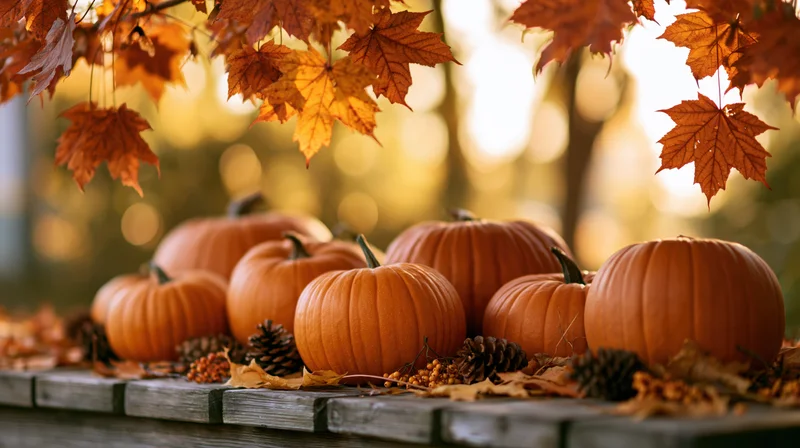 Pumpkins arranged on a wooden bench under autumn maple leaves in a garden setting