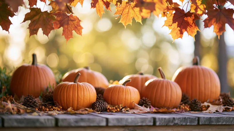 Pumpkins of various sizes arranged on a wooden table under autumn maple leaves with pinecones and berries, outdoors in warm sunlight