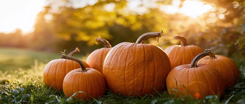 Several orange pumpkins of varying sizes grouped on grass in a sunlit field during autumn