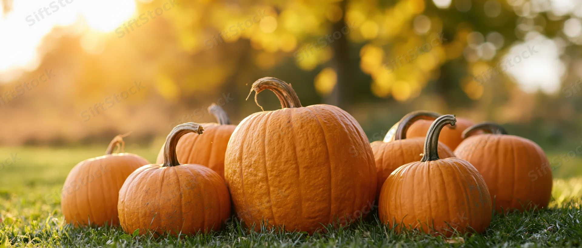 Several orange pumpkins of varying sizes grouped on grass in a sunlit field with autumn foliage in the background