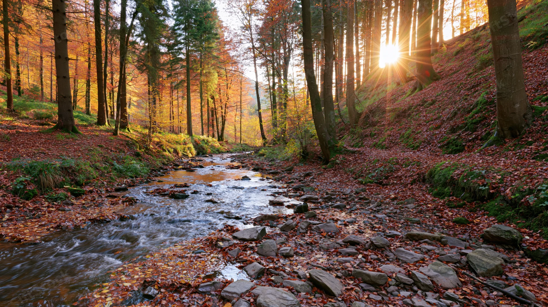 Shallow rocky stream flowing through autumn forest on hillside with sunlight filtering through trees