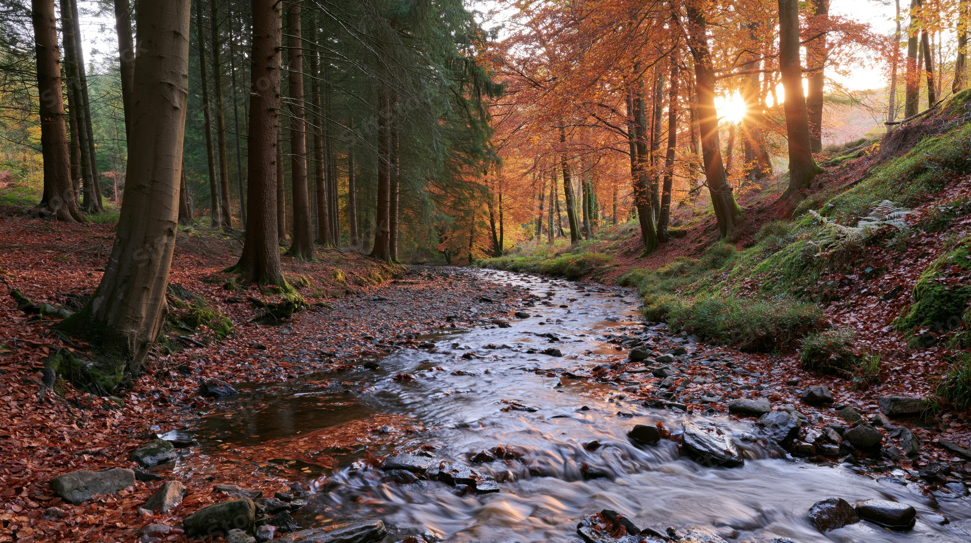 Shallow rocky stream winding through autumn forest on hillside