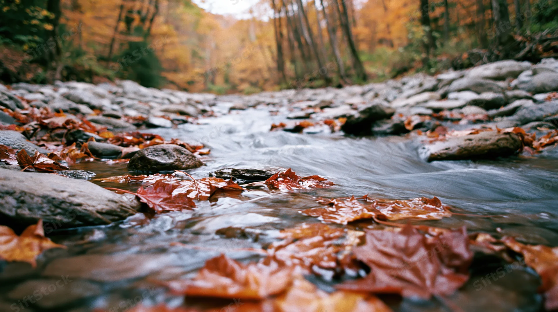 Shallow rocky forest stream with floating maple leaves in autumn